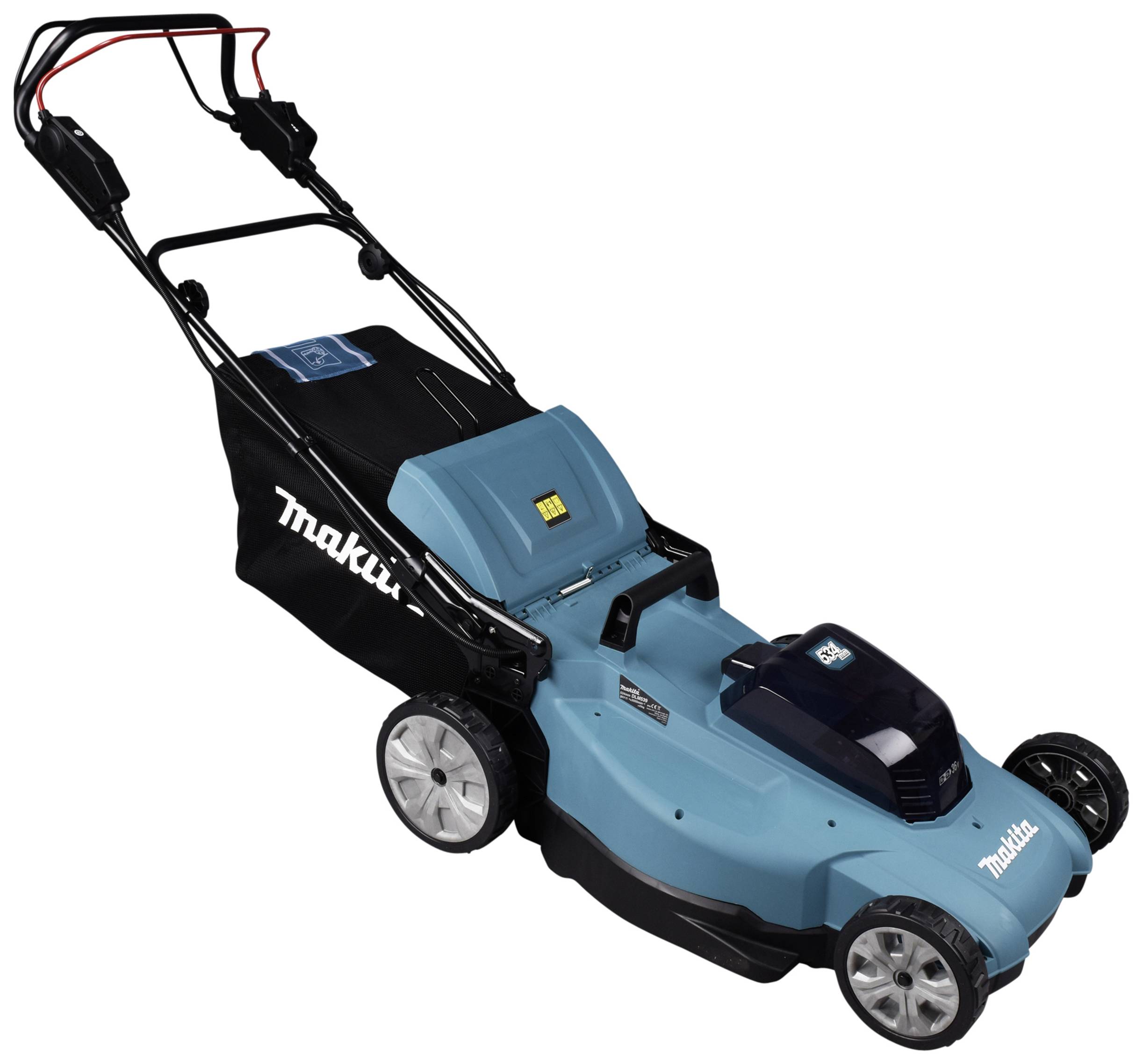 Lawn mower made of blue and black plastic, with a large rear grass collection box, four wheels, and push handle. Suitable for medium-sized lawns.