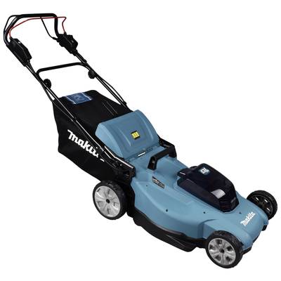 Lawn mower made of blue and black plastic, with a large rear grass collection box, four wheels, and push handle. Suitable for medium-sized lawns.