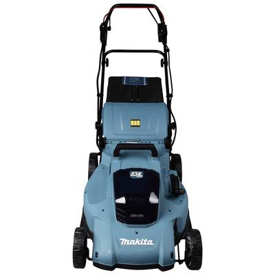 A blue lawnmower with a black handle and wheels, brand Makita. Front view shows control and cutting height strip.
