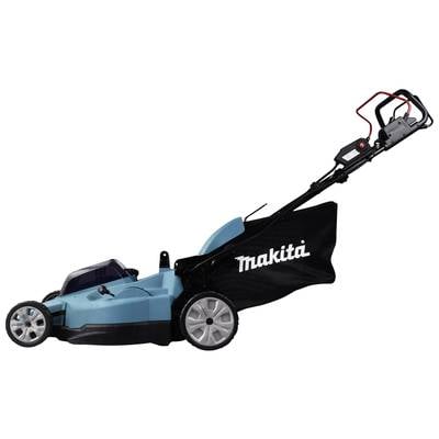 A blue lawnmower with a grass collector and an adjustable handle. The brand name is visible on the side of the collector.