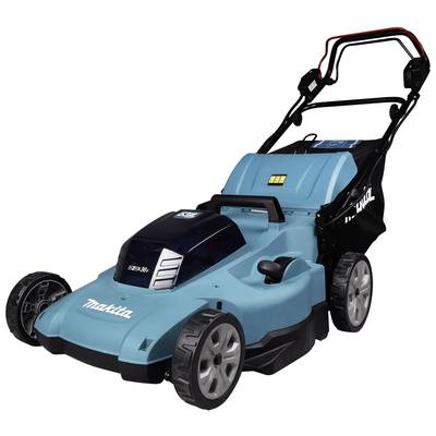 A blue, electric lawnmower with four wheels and a handle. Branded 'Makita'. Suitable for medium to large lawn areas.