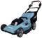 A blue, electric lawnmower with four wheels and a handle. Branded 'Makita'. Suitable for medium to large lawn areas.