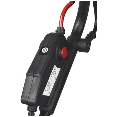 A black lever with a red button, connected with red and black cables. Instruction diagram with instructions visible.