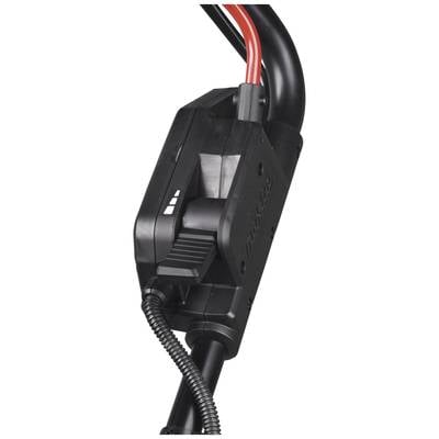 A close-up of a black handle with a lever and red cables, presumably part of an electronic device or tool.