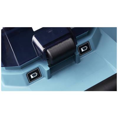 Close-up of a blue electric charging station with two symbols representing battery charging.