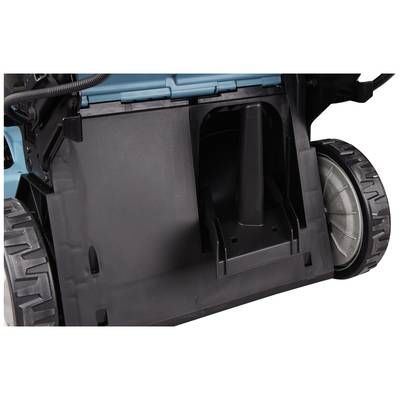 Close-up of a black plastic housing with large wheels on a machine or device.