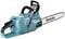 A blue Makita chainsaw with a long bar and black handle, suitable for cutting wood outdoors.