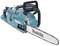 A blue Makita chainsaw, shown lying down, with a white guide bar and black handle.