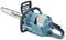Cordless Makita chainsaw with blue casing and metal chain, suitable for woodworking and robust cutting.