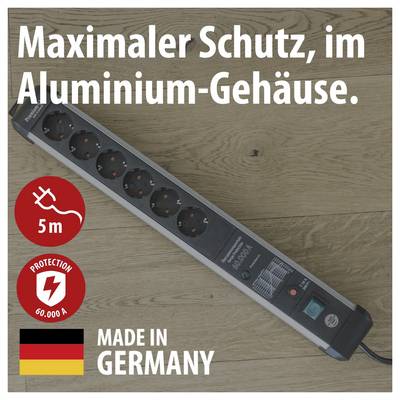 Extension lead with aluminium housing and 5 m cable; advertising text 'Maximum Protection' and 'Made in Germany', protection symbol for 60,000 A.