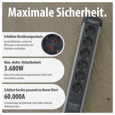 Advertisement for a multi-socket power strip: 'Maximum Safety' with touch protection, maximum electrical load capacity 3,680 W and 60,000 A surge protection.
