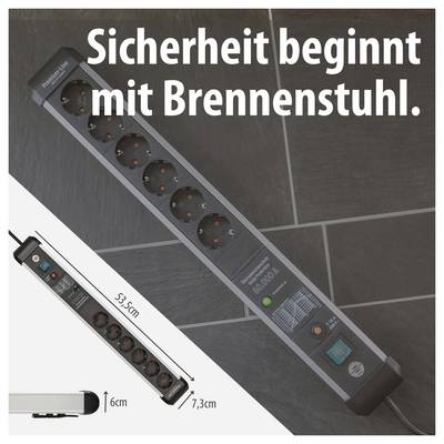 Advertising image for Brennenstuhl power strips with the slogan 'Safety begins with Brennenstuhl.'; shows two multiple sockets and dimensions 53.5 cm, 7.3 cm and 6 cm.