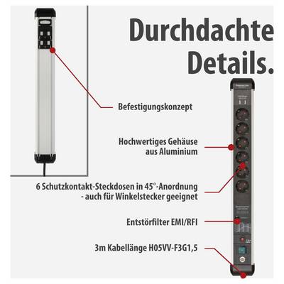 Advertising graphic of a power strip with 6 earthed socket outlets arranged at 45°, aluminium housing, EMI/RFI suppression filter and 3 m cable; shows mounting details.