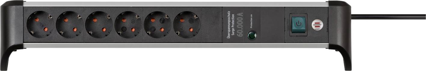 A black eight-socket extension lead. A cable is visible on the left, with a green on/off switch on the right.