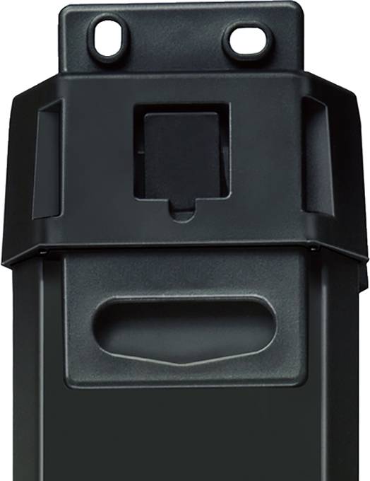 Black plastic container with a rectangular cut-out and two round mounting holes at the top.