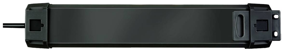 Rectangular, black electronic device with a cable on the left side and mounting elements at both ends.