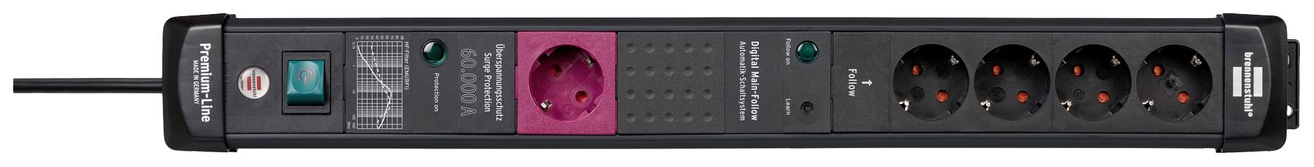 Black multi-socket extension lead with five sockets, a red master switch, and surge protection indicator; suitable for electronic devices.