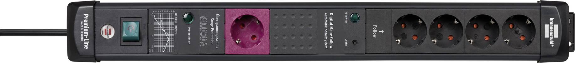 Overview of a multi-socket extension lead with several sockets and an on/off switch. It has surge protection and connections for five devices.