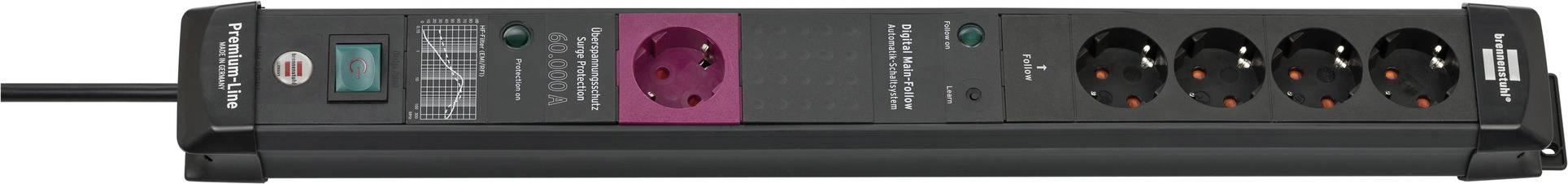 A black multi-socket extension lead with six socket outlets and a master switch. One socket outlet is highlighted in violet.