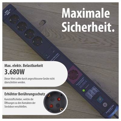 Advertising image of a power strip with text 'Maximum Safety.' and specifications for maximum electrical load capacity of 3,680W and enhanced touch protection.