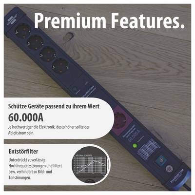 Advertisement for a Power Strip with Premium Features: 60,000A leakage current, EMI filter and surge protection.