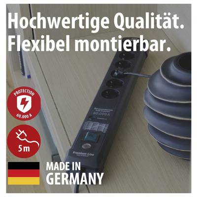 Advertising image of a black power strip on wood, with text 'Premium quality. Flexible installation.', symbols for 60,000 A, 5 m and 'Made in Germany'.