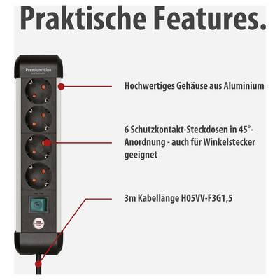 Product graphic of a power strip with the heading 'Practical Features': Aluminium housing, 6 safety contact sockets arranged at 45° and 3 m cable H05VV-F3G1.5.