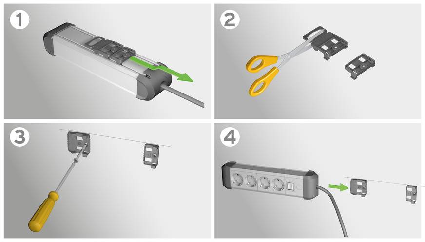 Step-by-step pictorial guide for wall-mounting a power strip:<br>1) Open the strip.<br>2) Remove mounting brackets.<br>3) Install screws.<br>4) Attach power strip.