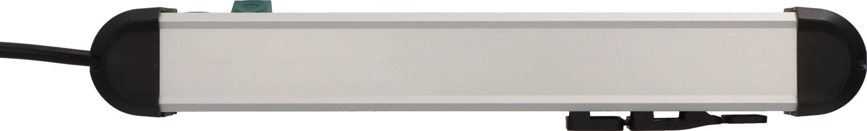 A rectangular electronic device with a cable on the left side and several ports underneath, silver surface.