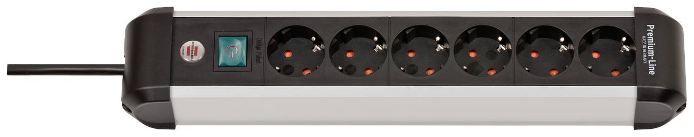 A black six-socket power strip with a red on/off switch.