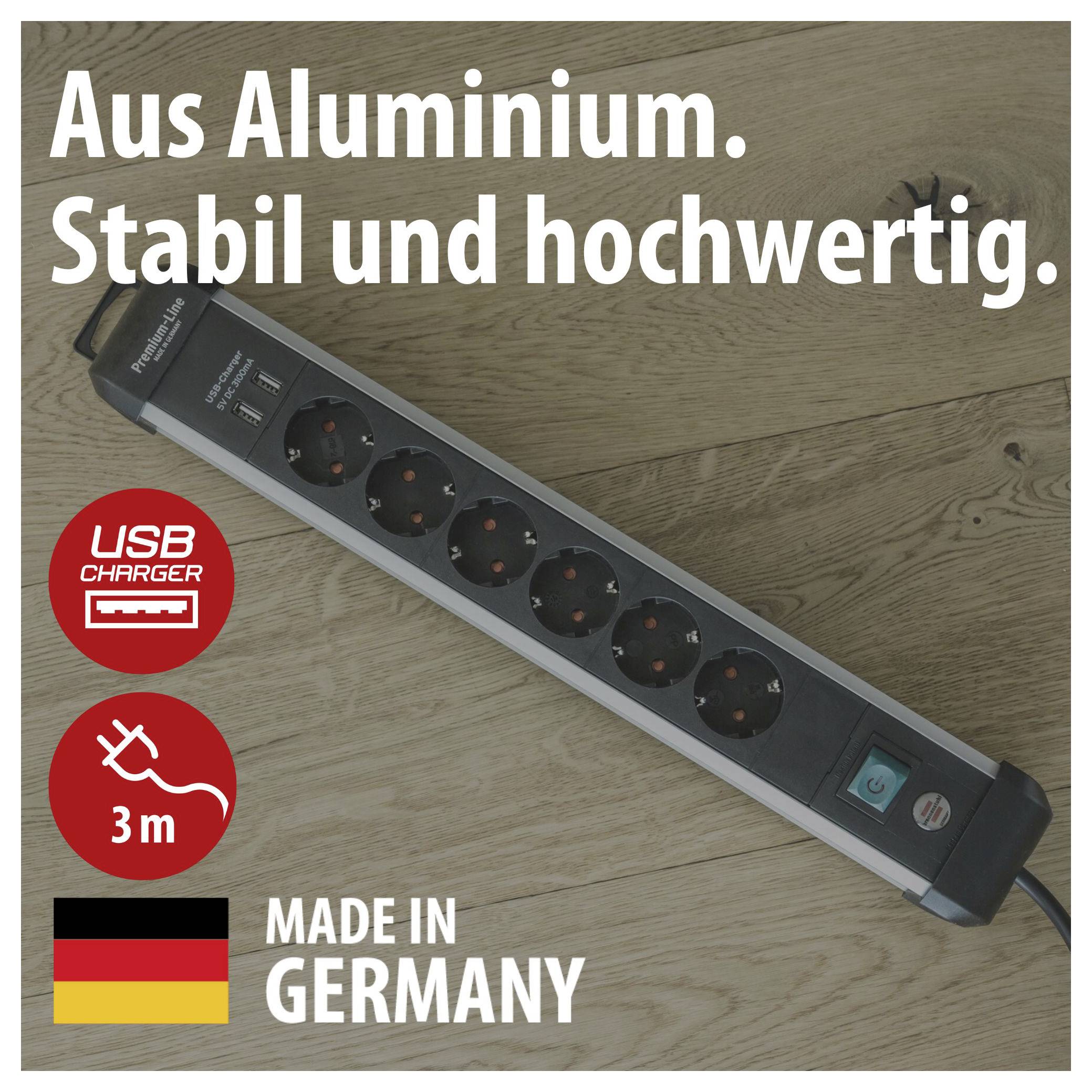 Aluminium power strip with USB charging port and 3-metre cable; Text: 'Made from aluminium. Stable and high quality.', 'Made in Germany'.