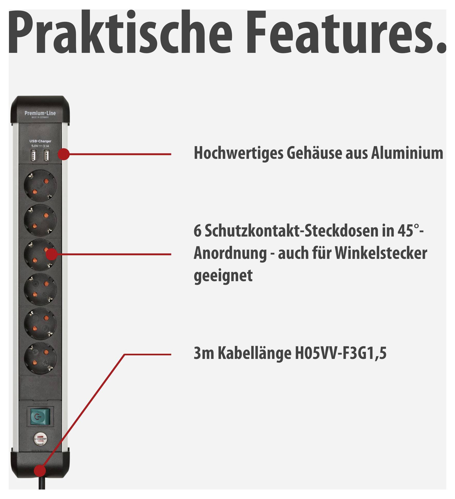 Advertisement for Power Strip with 'Practical Features': Aluminium casing, 6 earthed sockets arranged at 45° angles and 3 m cable length.