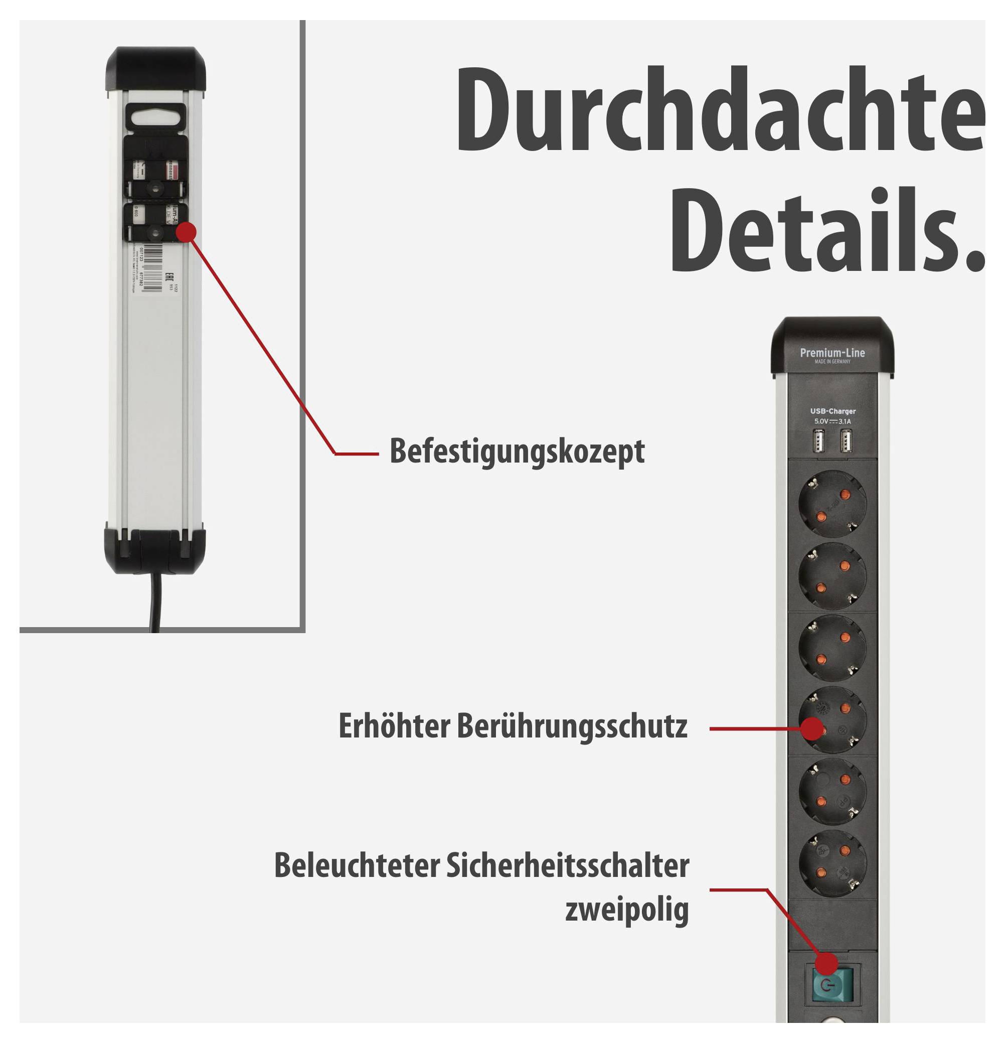 Product advertising for a power strip with highlighted details: mounting concept, elevated touch protection and illuminated two-pole safety switch.