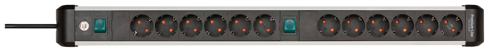 Black power strip with twelve Schuko sockets and two green switches, suitable for connecting multiple devices.