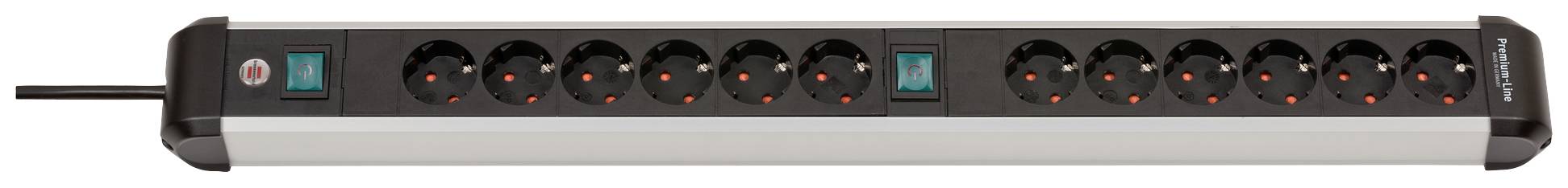 A long extension socket with 12 outlets, two toggle switches, and a power cable.