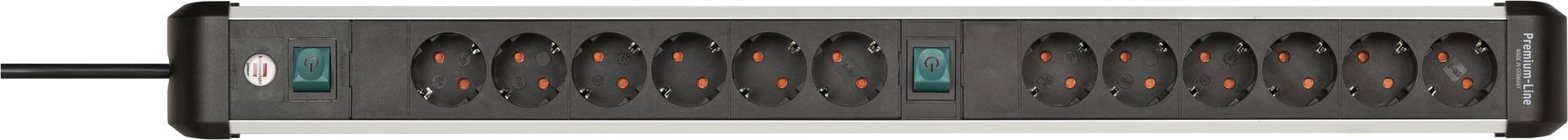 Multiplug with ten black socket outlets and a black cable on the right. A green and a red indicator light are visible.