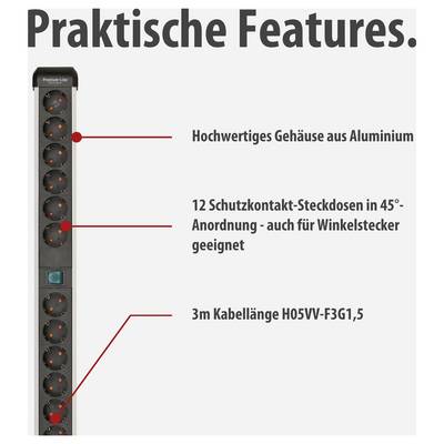 Advertising graphic of a power strip with 'Practical Features': aluminium housing, 12 earthed sockets in 45° arrangement and 3 m H05VV-F3G1.5 cable.