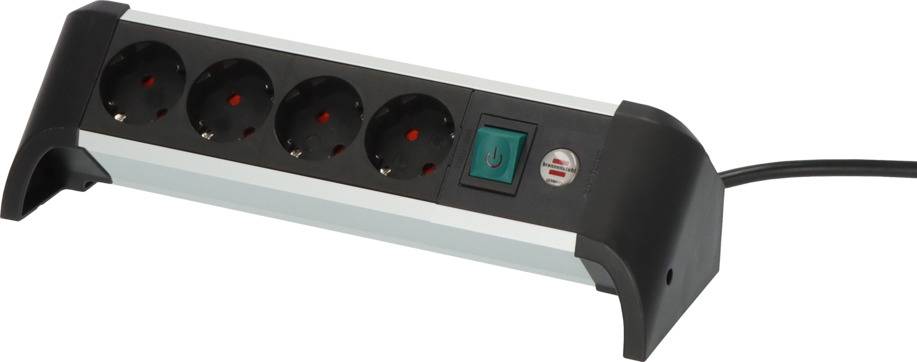 Five-way Power Strip with Rocker Switch and Surge Protection, black with silver details, suitable for European plugs.