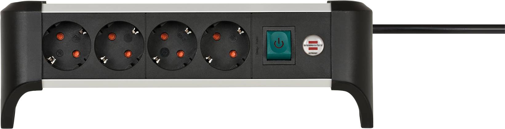 Black multi-socket extension lead with four sockets, an illuminated on/off switch, and a cable connection.