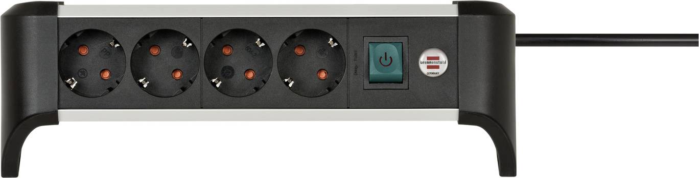 A black and silver four-socket power strip with an illuminated power switch on the right-hand side.