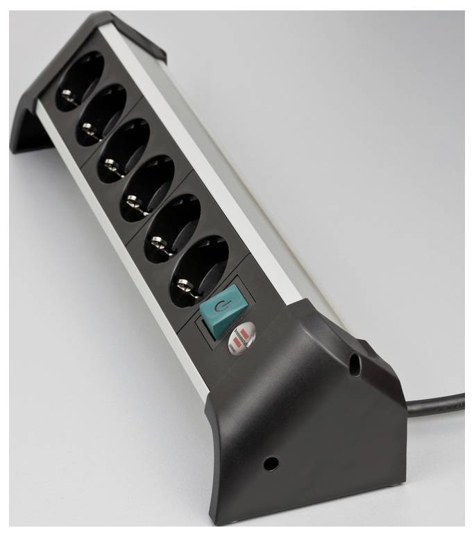 Vertical black power strip with six outlets, a blue power switch, and a plugged-in cord against a light background.