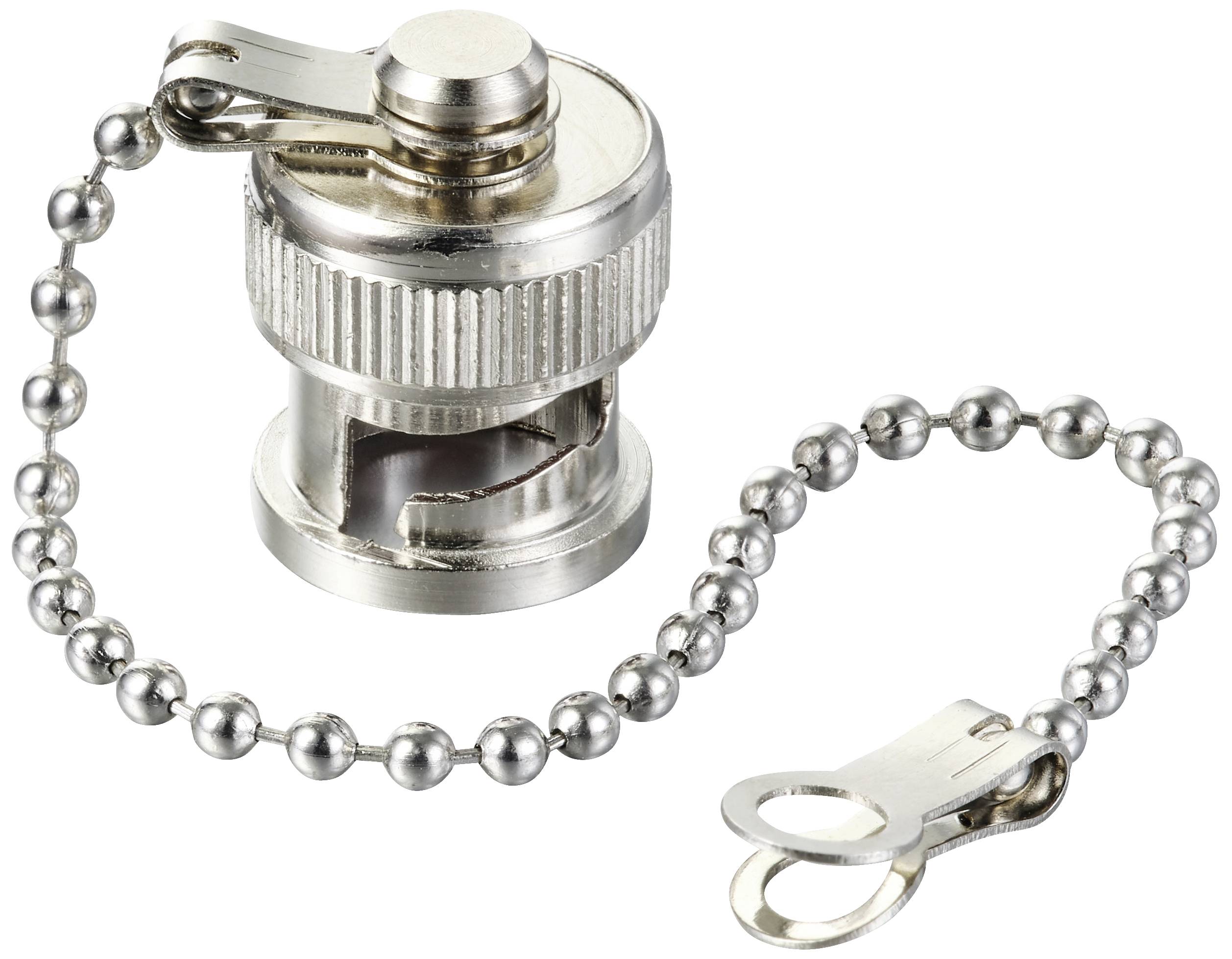A silver metal valve with a chain and cap, possibly for bicycle or car tyres, on a white background.