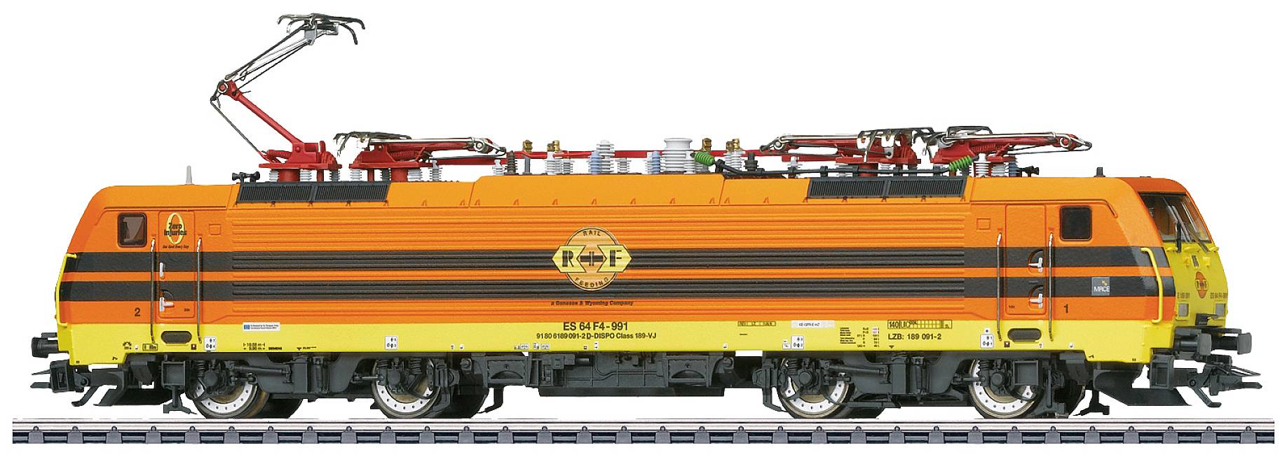 An orange locomotive with black stripes on the tracks. It has multiple pantographs and the logo of a railway company.