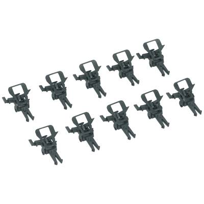 Ten black plastic clip holders, evenly distributed. They are small and are likely used for fastening.
