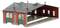 Model of a locomotive depot with red walls and a grey roof, three large green doors and several windows.
