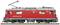 Red locomotive of the Rhaetian Railway on track. Side view shows construction details. Numbered '632', labelled 'Klosters'.