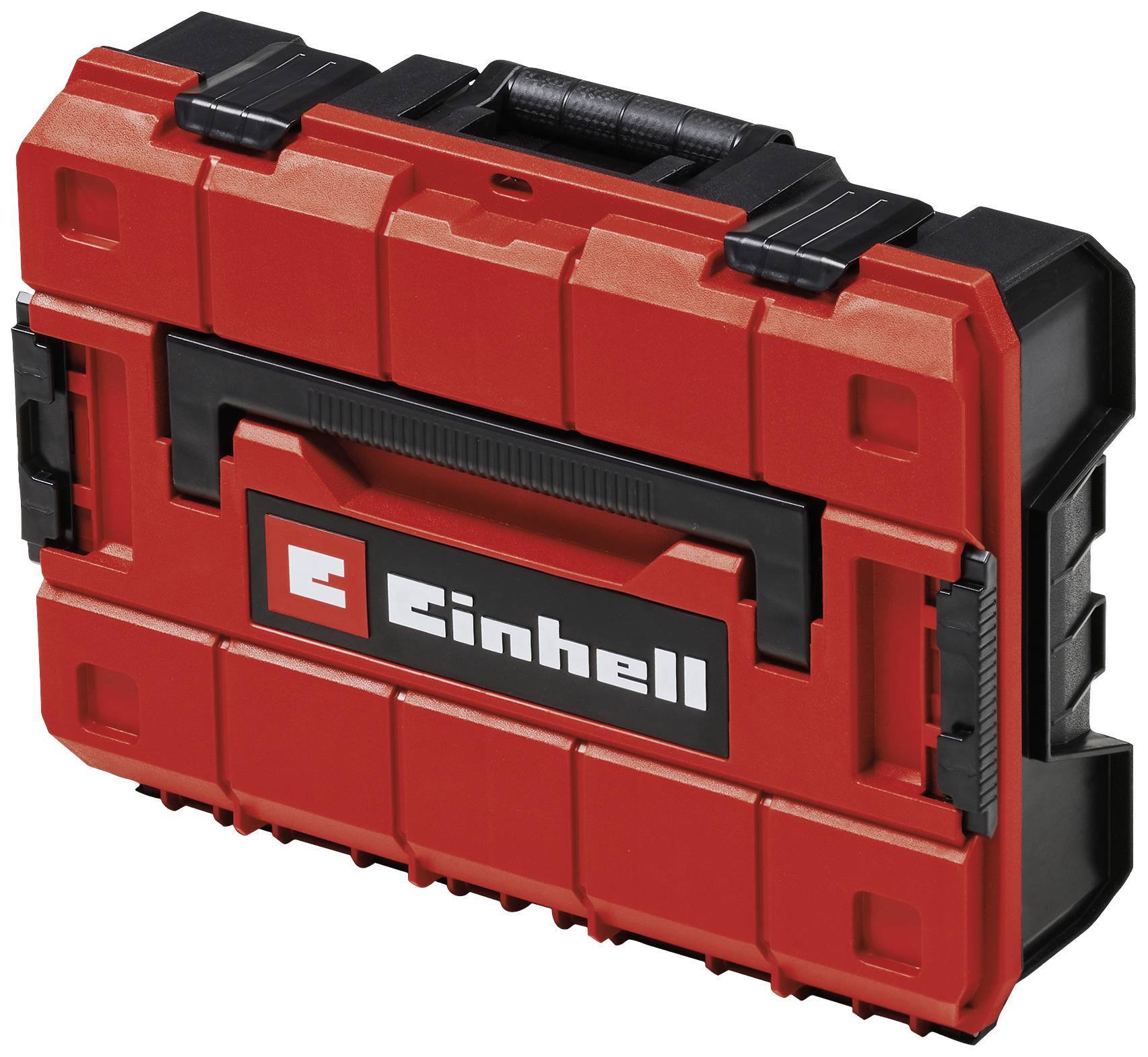 Red tool case with 'Einhell' logo, robust design, black handle, for secure storage and transport of tools.