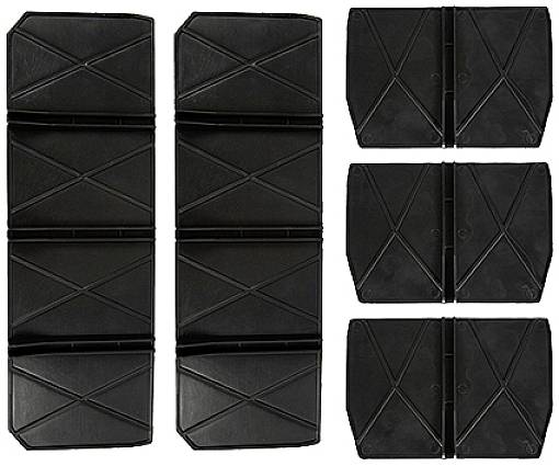 Six black, rectangular plastic connections on a white background. Four small and two large, arranged symmetrically.