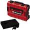 Red Einhell tool box with black locks, logo visible at the front. A black foam mat lies beside the box.