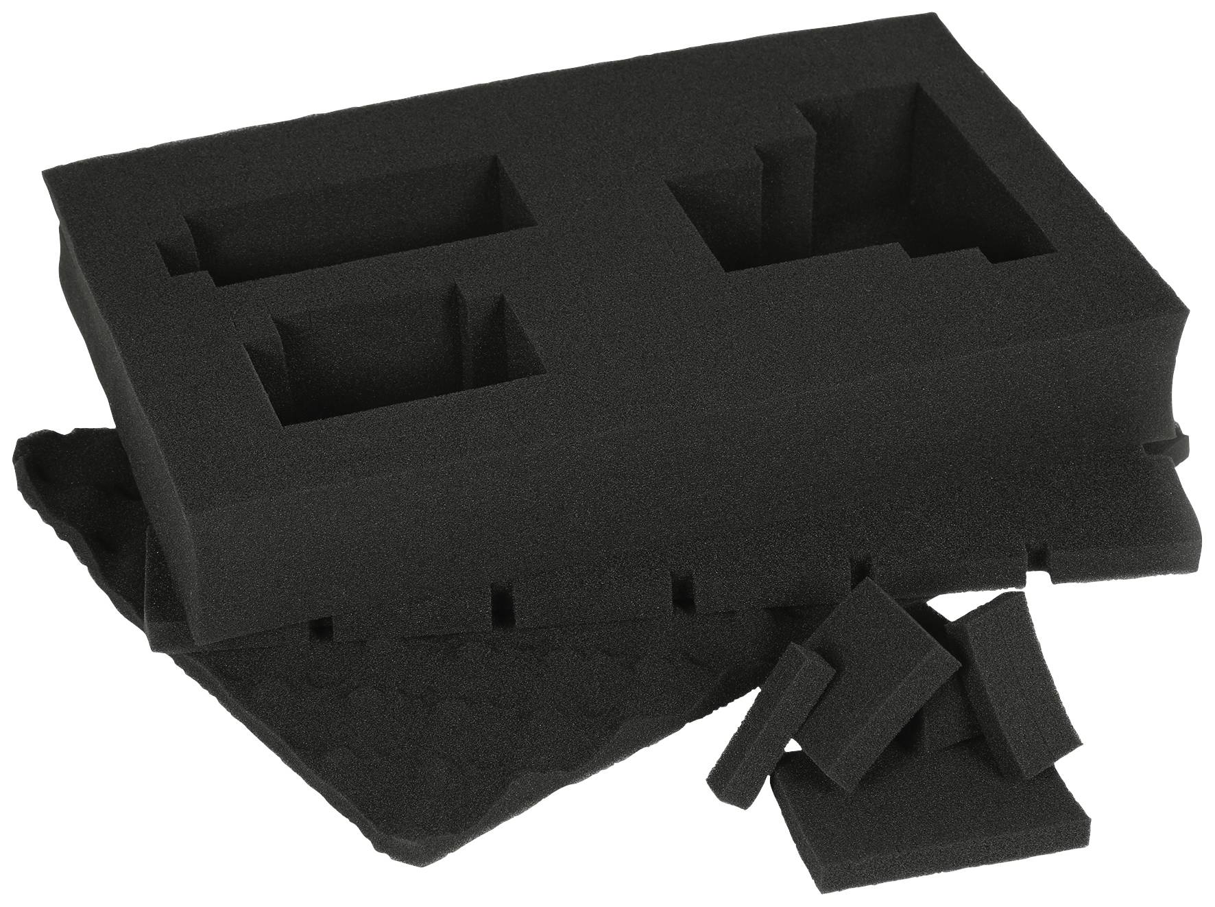 Black foam with cut-out recesses designed for positioning objects. Disassembled parts alongside.